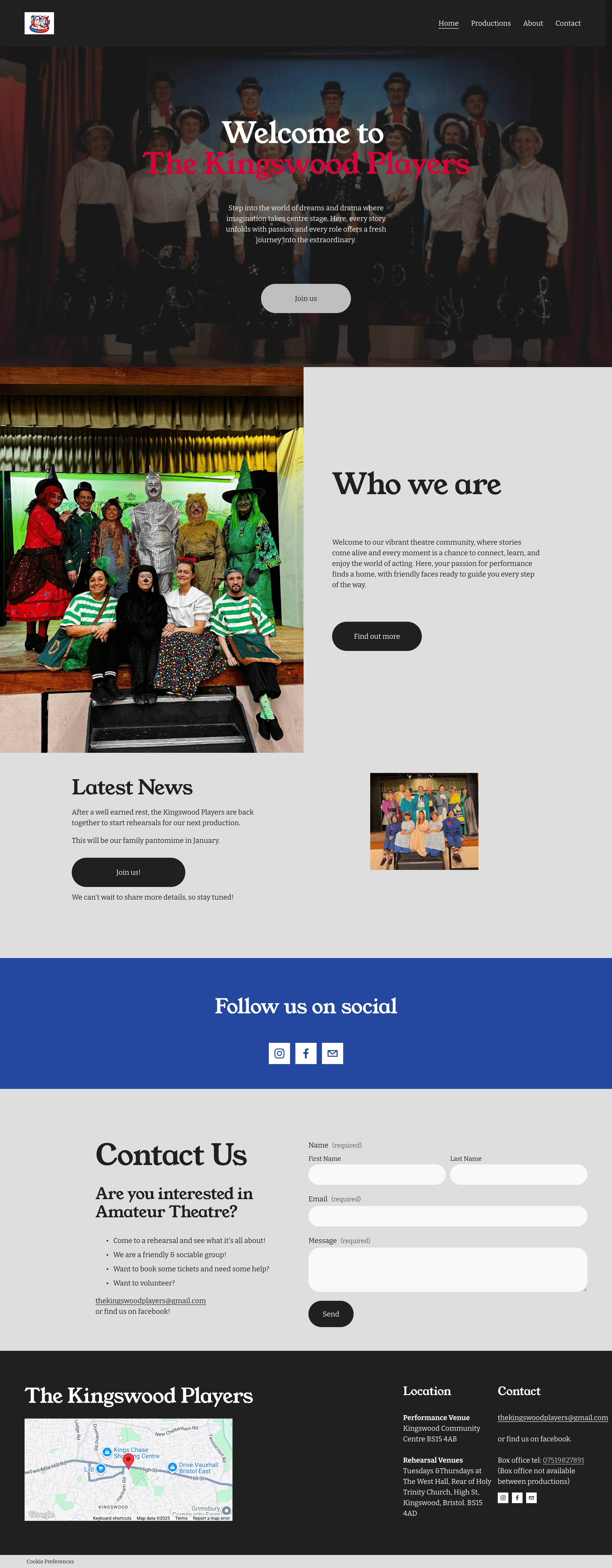 Kingswood Players website homepage showing hero section with group photo, welcome message, and call-to-action