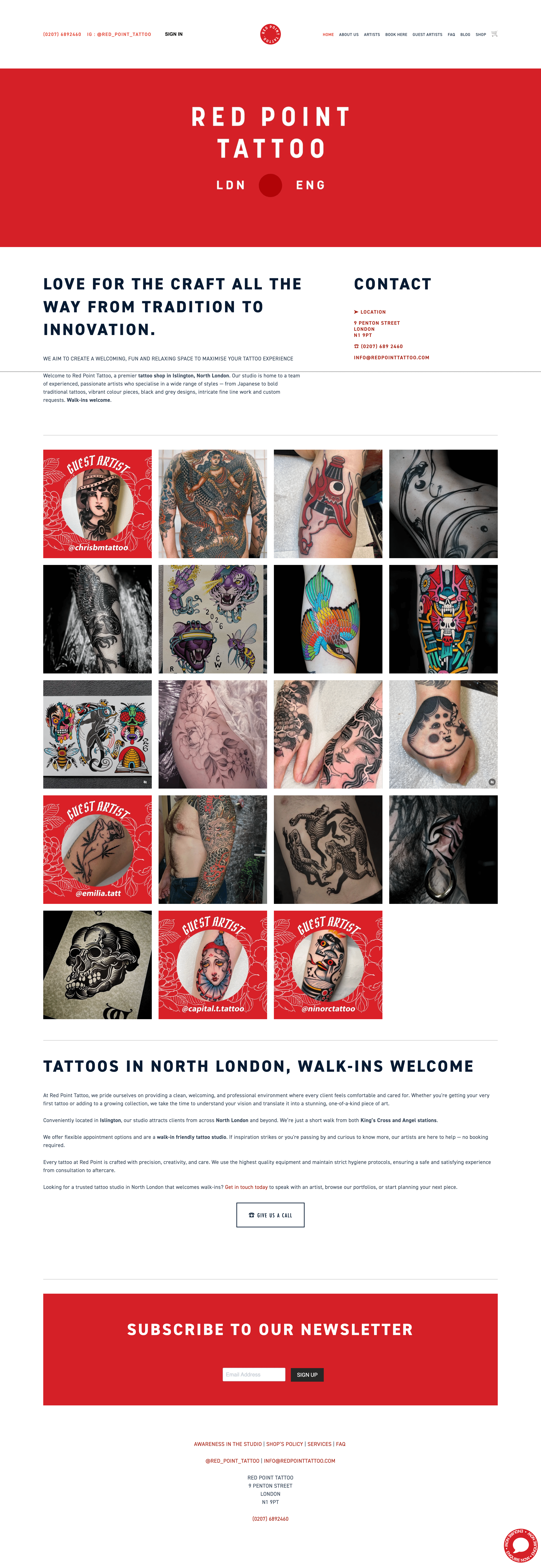 Red Point Tattoo London website — red and white branding, portfolio grid, and studio information
